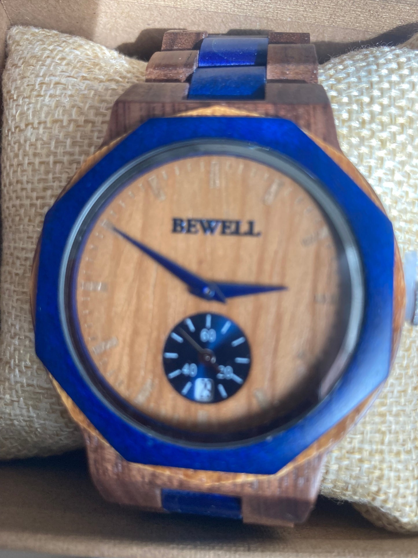 19. Komplett Holz Uhr L schwarz nussbaum teak holz mit blau gefärbt breite 43mm armband breite 24mm
