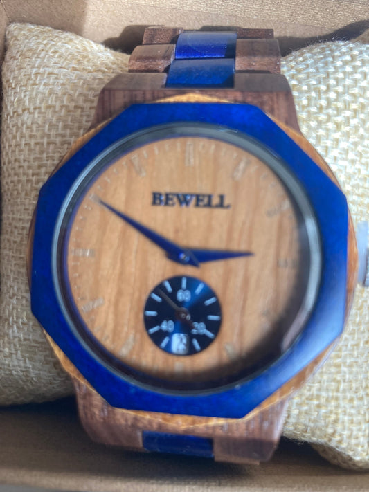 19. Komplett Holz Uhr L schwarz nussbaum teak holz mit blau gefärbt breite 43mm armband breite 24mm